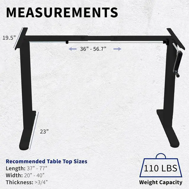 Alt view image 3 of 7 - Compact Hand Crank Stand Up Desk Frame, Black, DESK-M051MB | For 37 to 77 inch Table Tops, Height Adjustable, Ergonomic Standing Desk Legs, Foldable Handle