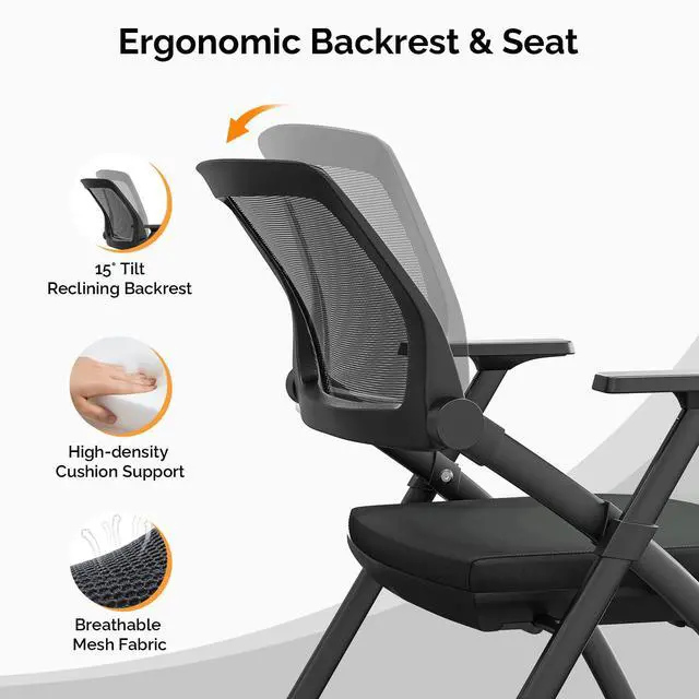 Alt view image 4 of 7 - 1 Pack Stackable Conference Room Chairs with Wheels, Folding Office Chair with Rebound Back, Padded Seat for Training Room, Guest, Reception, Event, Capacity 350lbs, Black
