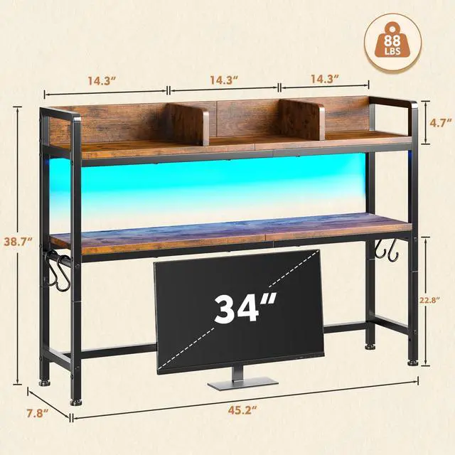 Alt view image 2 of 7 - 2-Tier Desk Shelf, LED, Bedroom and Home Office, Rustic Brown | Students & Renters, Wood & Steel, Holds 44 lbs & 33 lbs per Tier, Adjustable Shelf, Anti-tip & 4 Hooks, 45.2