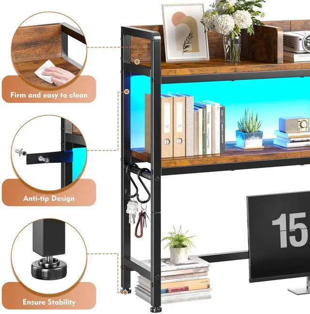 Alt view image 4 of 7 - 2-Tier Desk Shelf, LED, Bedroom and Home Office, Rustic Brown | Students & Renters, Wood & Steel, Holds 44 lbs & 33 lbs per Tier, Adjustable Shelf, Anti-tip & 4 Hooks, 45.2