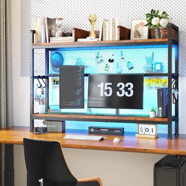 Alt view image 5 of 7 - 2-Tier Desk Shelf, LED, Bedroom and Home Office, Rustic Brown | Students & Renters, Wood & Steel, Holds 44 lbs & 33 lbs per Tier, Adjustable Shelf, Anti-tip & 4 Hooks, 45.2