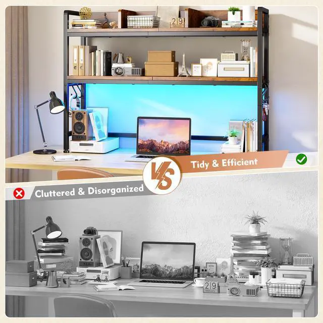 Alt view image 7 of 7 - 2-Tier Desk Shelf, LED, Bedroom and Home Office, Rustic Brown | Students & Renters, Wood & Steel, Holds 44 lbs & 33 lbs per Tier, Adjustable Shelf, Anti-tip & 4 Hooks, 45.2