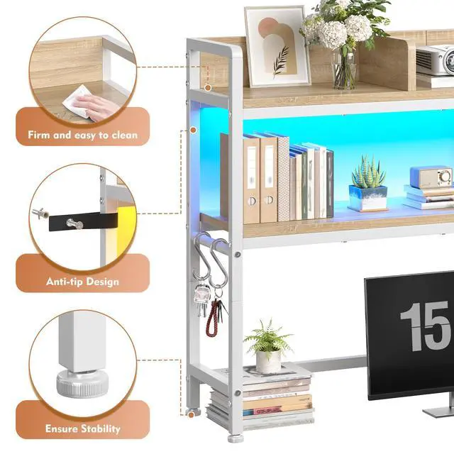 Alt view image 4 of 7 - 2-Tier Desk Shelf with LED for Bedroom and Home Office, White | Students & Renters, Wood & Steel, Holds 44 lbs & 33 lbs per Tier, Adjustable Shelf, Anti-tip & 4 Hooks, 37.5