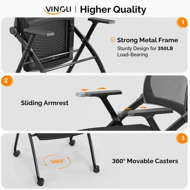 Alt view image 5 of 7 - 1 Pack Stackable Conference Room Chairs with Wheels, Folding Office Chair with Rebound Back, Padded Seat for Training Room, Guest, Reception, Event, Capacity 350lbs, Black