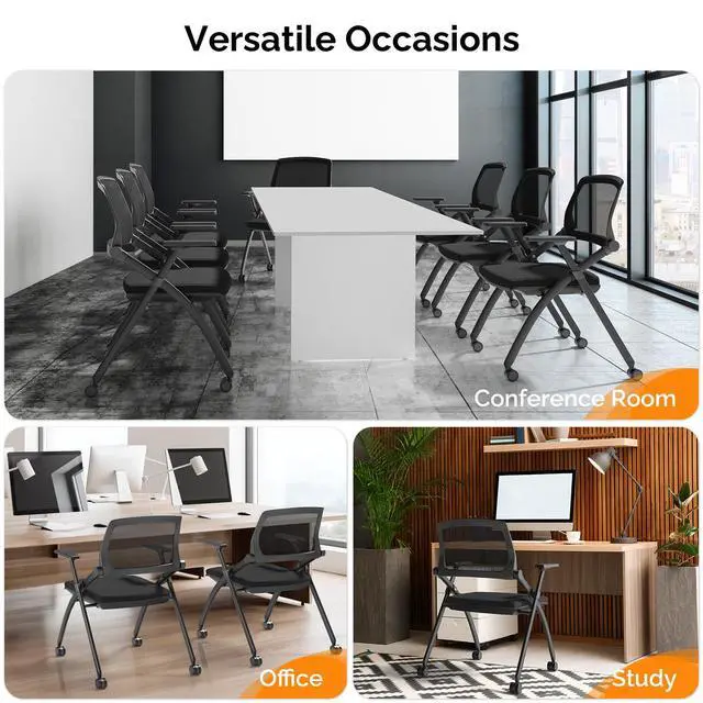 Alt view image 7 of 7 - 1 Pack Stackable Conference Room Chairs with Wheels, Folding Office Chair with Rebound Back, Padded Seat for Training Room, Guest, Reception, Event, Capacity 350lbs, Black