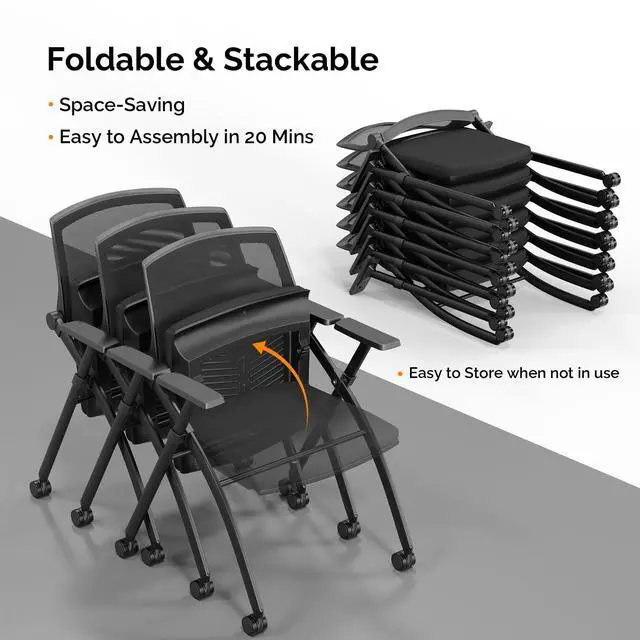 Alt view image 6 of 7 - 1 Pack Stackable Conference Room Chairs with Wheels, Folding Office Chair with Rebound Back, Padded Seat for Training Room, Guest, Reception, Event, Capacity 350lbs, Black
