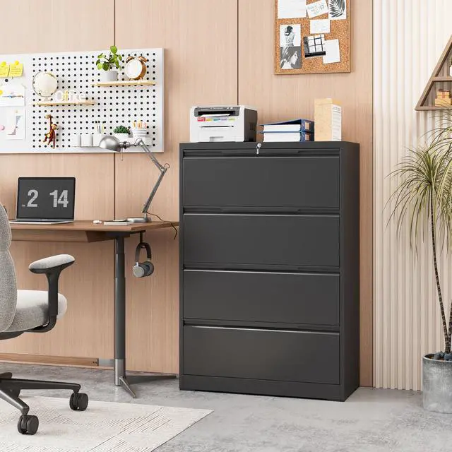 Alt view image 2 of 7 - 4-Drawer Metal File Cabinet with Lock,Steel Printer Stand with Storage for Home Office,Lateral Filing Cabinet for Legal/Letter/A4 Files,Assembly Required(35.43''W-4 Drawers,Black)