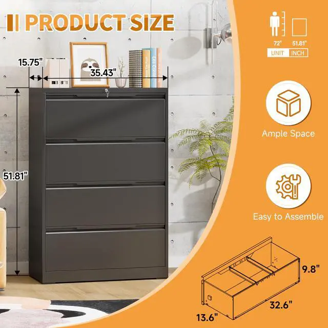 Alt view image 3 of 7 - 4-Drawer Metal File Cabinet with Lock,Steel Printer Stand with Storage for Home Office,Lateral Filing Cabinet for Legal/Letter/A4 Files,Assembly Required(35.43''W-4 Drawers,Black)