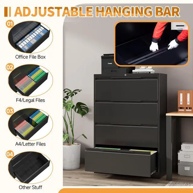 Alt view image 4 of 7 - 4-Drawer Metal File Cabinet with Lock,Steel Printer Stand with Storage for Home Office,Lateral Filing Cabinet for Legal/Letter/A4 Files,Assembly Required(35.43''W-4 Drawers,Black)