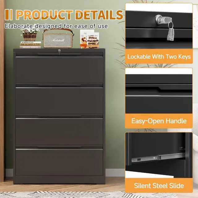 Alt view image 5 of 7 - 4-Drawer Metal File Cabinet with Lock,Steel Printer Stand with Storage for Home Office,Lateral Filing Cabinet for Legal/Letter/A4 Files,Assembly Required(35.43''W-4 Drawers,Black)