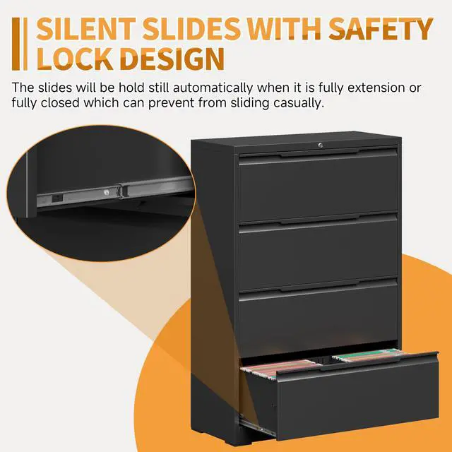 Alt view image 6 of 7 - 4-Drawer Metal File Cabinet with Lock,Steel Printer Stand with Storage for Home Office,Lateral Filing Cabinet for Legal/Letter/A4 Files,Assembly Required(35.43''W-4 Drawers,Black)