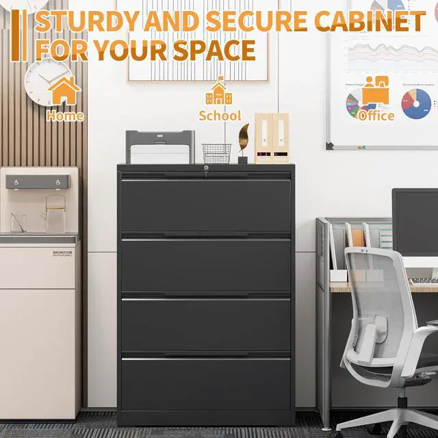Alt view image 7 of 7 - 4-Drawer Metal File Cabinet with Lock,Steel Printer Stand with Storage for Home Office,Lateral Filing Cabinet for Legal/Letter/A4 Files,Assembly Required(35.43''W-4 Drawers,Black)