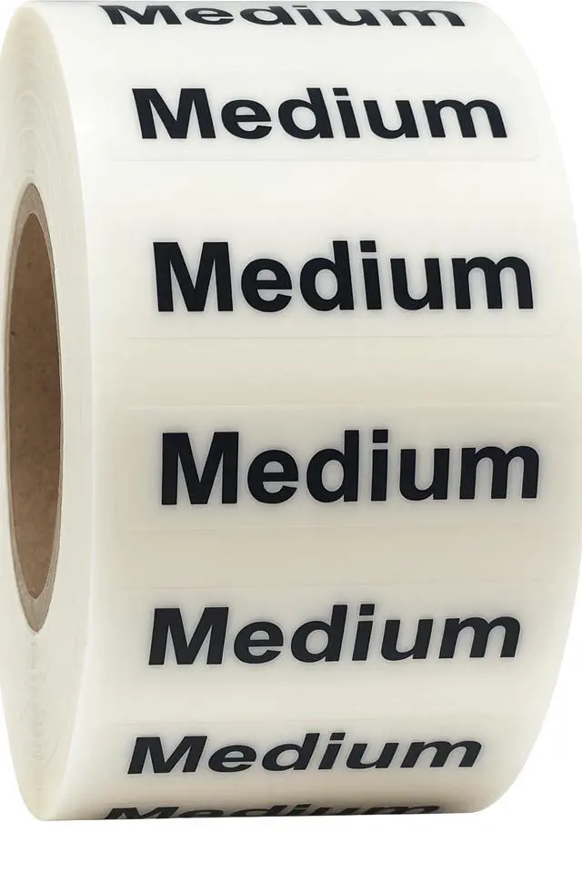 Main image of InStockLabels Medium Clothing Size Stickers, 1.25 x 5 Inch, 125 Labels | 125 labels per roll for clothing tags, boutique supplies, size labels, retail packing, thrift stores, and apparel sorting