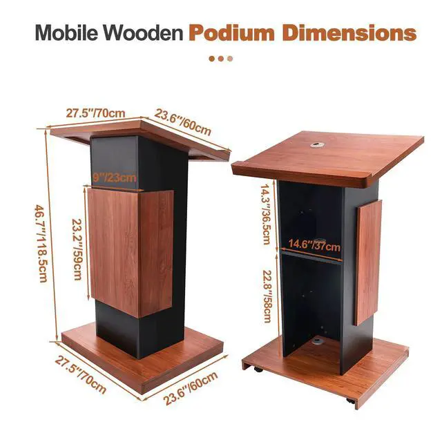 Alt view image 2 of 7 - Wood Podium Stand with 4 Lockable Wheels44.6 Wooden Lectern with StorageWooden Standing Pulpit with Wire Hole for Church Office School Home Conference Restaurant Meeting Auditorium