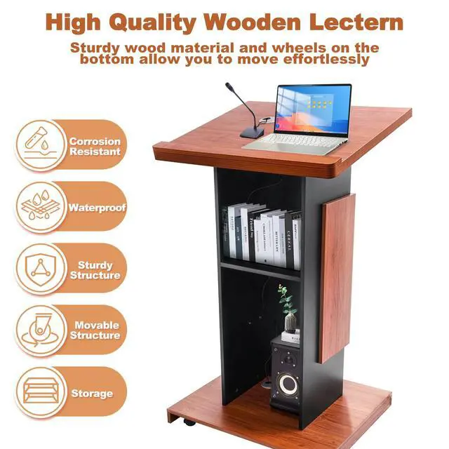 Alt view image 3 of 7 - Wood Podium Stand with 4 Lockable Wheels44.6 Wooden Lectern with StorageWooden Standing Pulpit with Wire Hole for Church Office School Home Conference Restaurant Meeting Auditorium