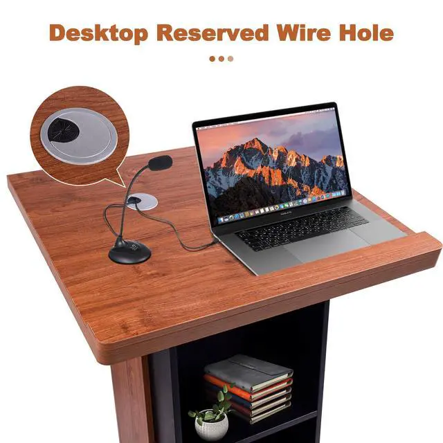 Alt view image 4 of 7 - Wood Podium Stand with 4 Lockable Wheels44.6 Wooden Lectern with StorageWooden Standing Pulpit with Wire Hole for Church Office School Home Conference Restaurant Meeting Auditorium