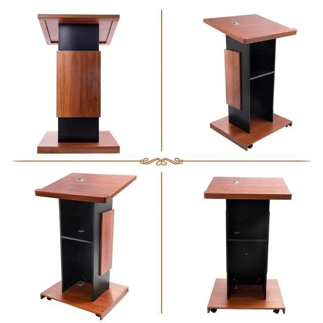 Alt view image 5 of 7 - Wood Podium Stand with 4 Lockable Wheels44.6 Wooden Lectern with StorageWooden Standing Pulpit with Wire Hole for Church Office School Home Conference Restaurant Meeting Auditorium