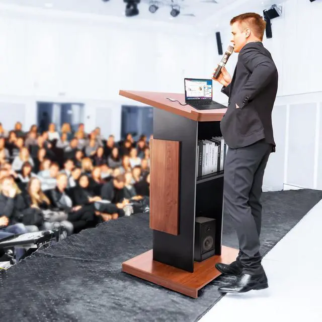 Alt view image 6 of 7 - Wood Podium Stand with 4 Lockable Wheels44.6 Wooden Lectern with StorageWooden Standing Pulpit with Wire Hole for Church Office School Home Conference Restaurant Meeting Auditorium
