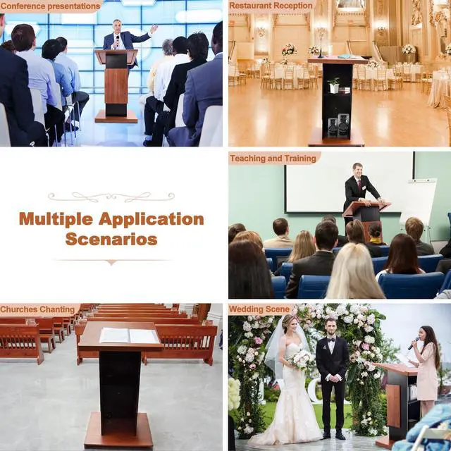 Alt view image 7 of 7 - Wood Podium Stand with 4 Lockable Wheels44.6 Wooden Lectern with StorageWooden Standing Pulpit with Wire Hole for Church Office School Home Conference Restaurant Meeting Auditorium