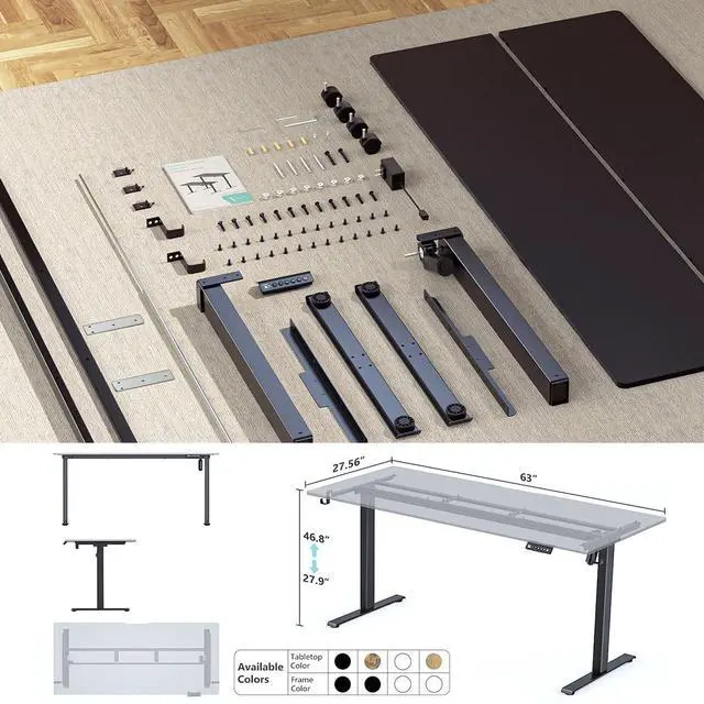 Alt view image 2 of 7 - 63 x 28 Inch Electric Standing Desk with 4 Wheels, Height Adjustable Desk for Home Office, Sit Stand Desk with 4 Memory Presets, Headphone Hooks and Cable Clips, Splice Board Black
