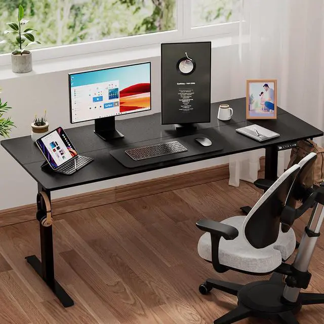 Main image of 63 x 28 Inch Electric Standing Desk with 4 Wheels, Height Adjustable Desk for Home Office, Sit Stand Desk with 4 Memory Presets, Headphone Hooks and Cable Clips, Splice Board Black