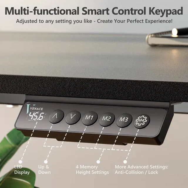 Alt view image 3 of 7 - 63 x 28 Inch Electric Standing Desk with 4 Wheels, Height Adjustable Desk for Home Office, Sit Stand Desk with 4 Memory Presets, Headphone Hooks and Cable Clips, Splice Board Black