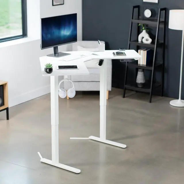Alt view image 2 of 7 - White 47 x 47 in Corner Standing Desk, DESK-E1L94W | Electric, Holds 154 lbs, L-Shaped Table, Sit Stand, Height Adjustable, Memory Presets, Home Office, White Frame