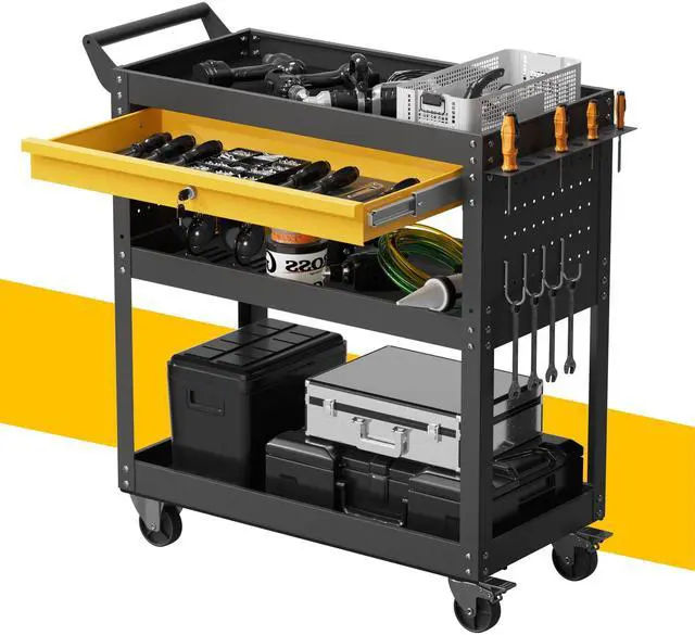 Main image of 4-Tier Heavy Duty Rolling Tool Cart with Drawers & Pegboard 420 lbs Capacity Steel Utility Cart on Wheels, Lockable Work Cart for Mechanic, Garage, Workshop