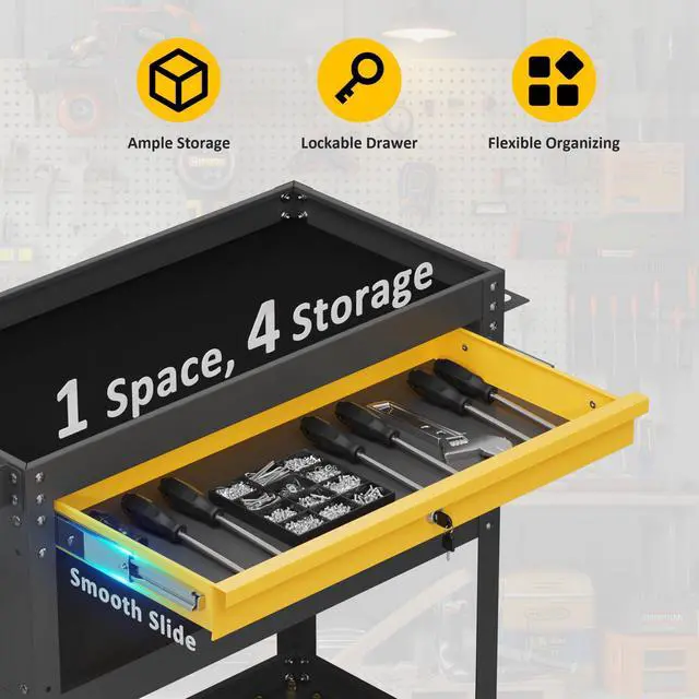 Alt view image 2 of 6 - 4-Tier Heavy Duty Rolling Tool Cart with Drawers & Pegboard 420 lbs Capacity Steel Utility Cart on Wheels, Lockable Work Cart for Mechanic, Garage, Workshop