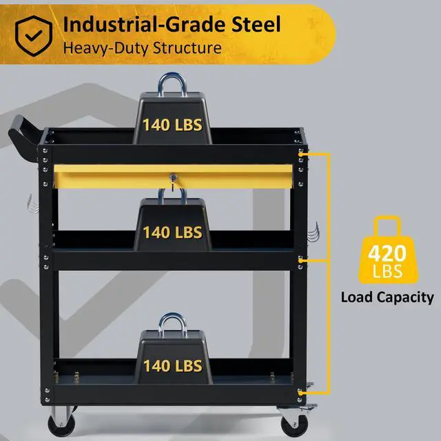 Alt view image 3 of 6 - 4-Tier Heavy Duty Rolling Tool Cart with Drawers & Pegboard 420 lbs Capacity Steel Utility Cart on Wheels, Lockable Work Cart for Mechanic, Garage, Workshop