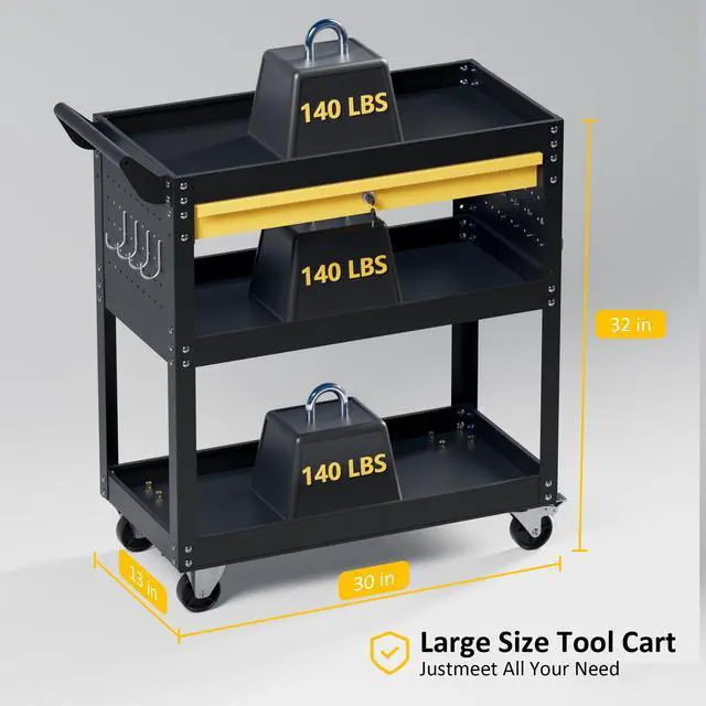 Alt view image 4 of 6 - 4-Tier Heavy Duty Rolling Tool Cart with Drawers & Pegboard 420 lbs Capacity Steel Utility Cart on Wheels, Lockable Work Cart for Mechanic, Garage, Workshop
