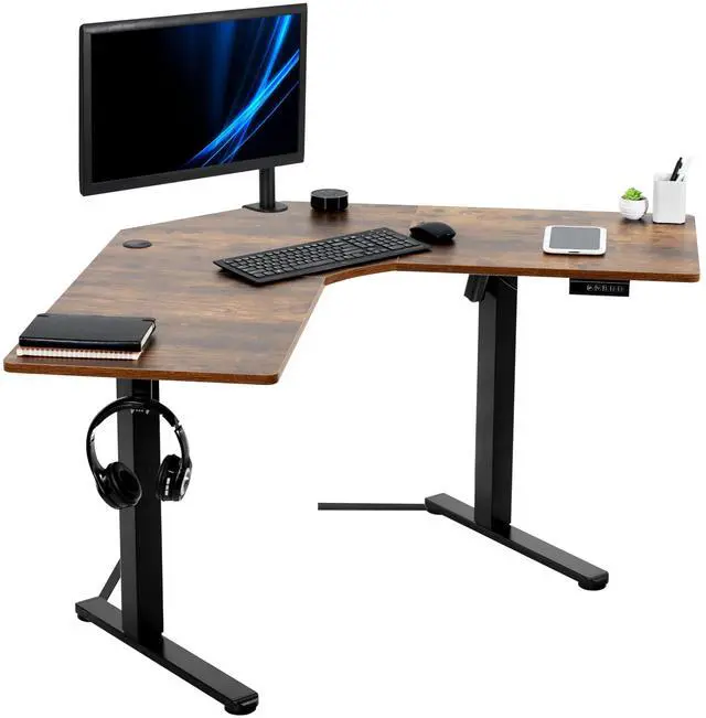 Main image of Rustic Vintage Brown 47 x 47 in Corner Standing Desk, DESK-E1L94N | Electric, Holds 154 lbs, L-Shaped Table, Sit Stand, Height Adjustable, Memory Presets, Home Office, Black Frame