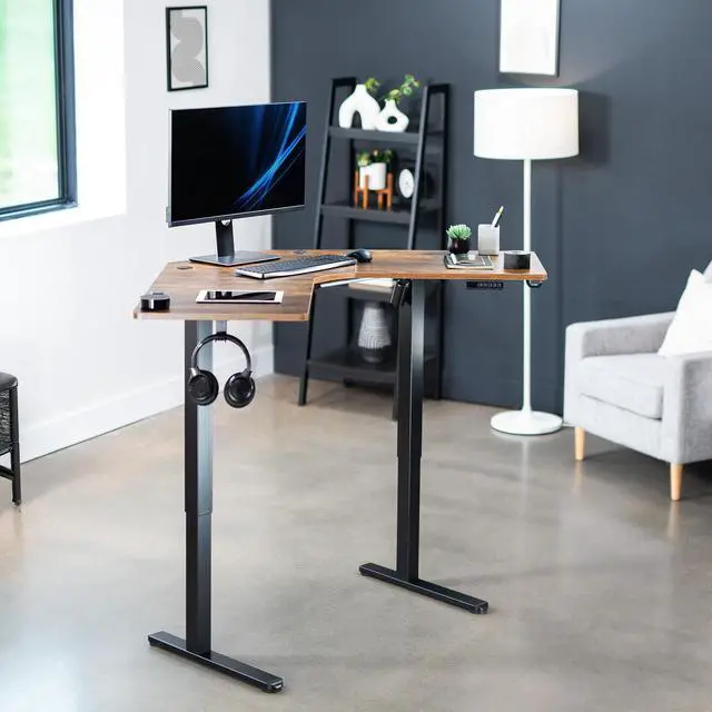 Alt view image 2 of 7 - Rustic Vintage Brown 47 x 47 in Corner Standing Desk, DESK-E1L94N | Electric, Holds 154 lbs, L-Shaped Table, Sit Stand, Height Adjustable, Memory Presets, Home Office, Black Frame