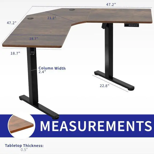 Alt view image 3 of 7 - Rustic Vintage Brown 47 x 47 in Corner Standing Desk, DESK-E1L94N | Electric, Holds 154 lbs, L-Shaped Table, Sit Stand, Height Adjustable, Memory Presets, Home Office, Black Frame