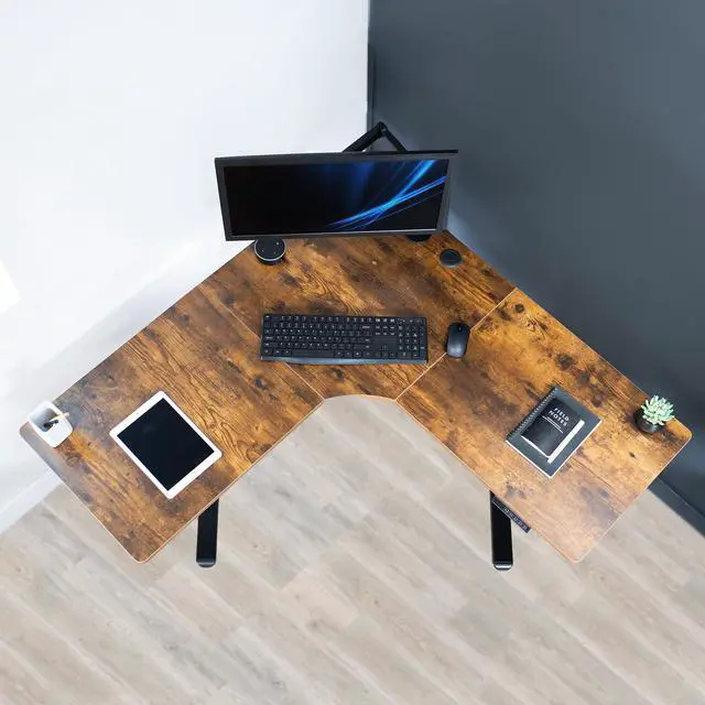 Alt view image 7 of 7 - Rustic Vintage Brown 47 x 47 in Corner Standing Desk, DESK-E1L94N | Electric, Holds 154 lbs, L-Shaped Table, Sit Stand, Height Adjustable, Memory Presets, Home Office, Black Frame