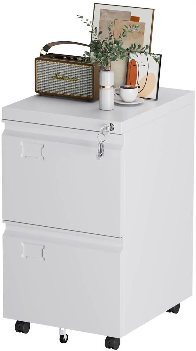 Main image of 2 Drawer Metal File Cabinet with Lock and Wheels, White | 5 casters with 2 locking front wheels; stores Letter and A4 files for home offices and compact workspaces