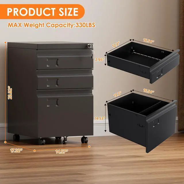 Alt view image 3 of 7 - 3-Drawer Metal File Cabinet with Lock, Assembly Required | Black mobile under-desk cabinet with five casters for Letter, Legal and A4 hanging folders