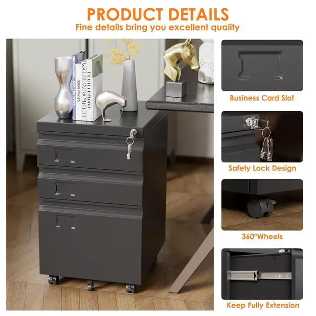 Alt view image 5 of 7 - 3-Drawer Metal File Cabinet with Lock, Assembly Required | Black mobile under-desk cabinet with five casters for Letter, Legal and A4 hanging folders