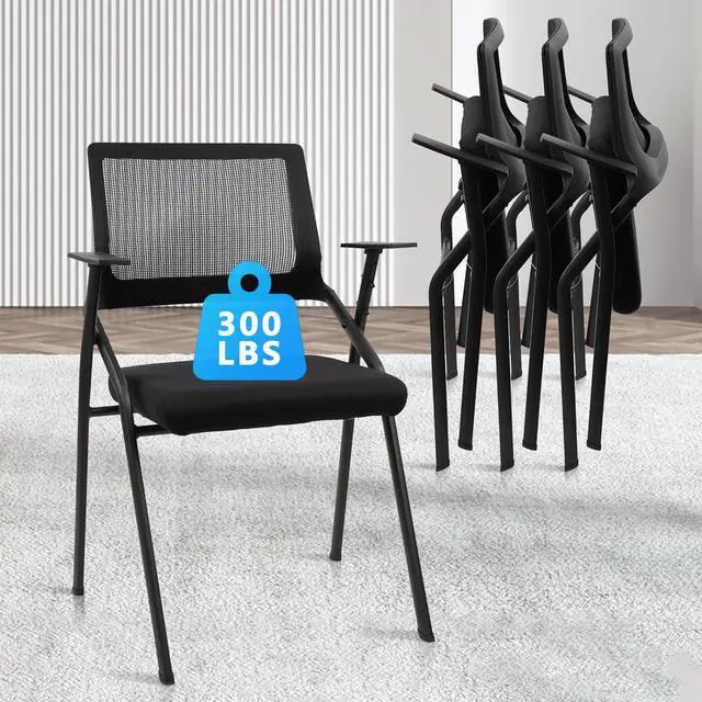 Main image of Stackable & Foldable Office Chairs with Ergonomic Lumbar Support and Thickened Seat Cushion, Folding Mesh Fabric Reception Guest Chair for School Church Conference Waiting Room Black (4pk)
