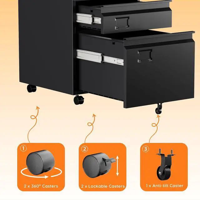 Alt view image 6 of 7 - 3-Drawer Metal File Cabinet with Lock, Assembly Required | Black mobile under-desk cabinet with five casters for Letter, Legal and A4 hanging folders