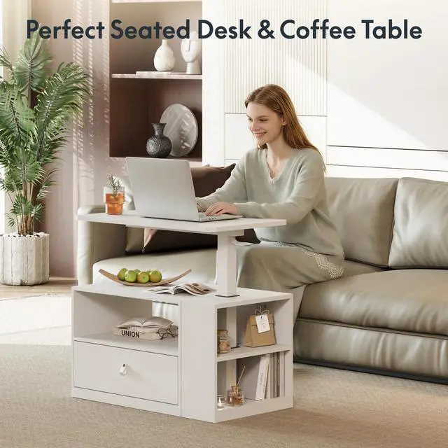 Alt view image 5 of 7 - H7 CAB 28" Storage Sit-Stand Desk with Pneumatic Lift | Computer workstation desk with drawer and cabinet storage. Compact desk for small spaces and home office.25.8"41.3", White