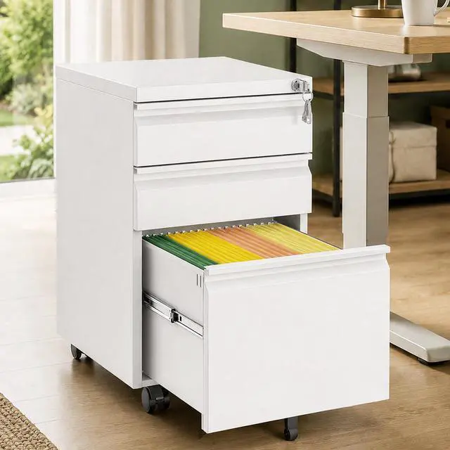 Main image of 3 Drawer Metal File Cabinet with Lock & Rolling Casters | Fully Assembled Mobile Filing Cabinet on Wheels, Under Desk Office Storage Organizer for Letter/Legal/A4 Files, White