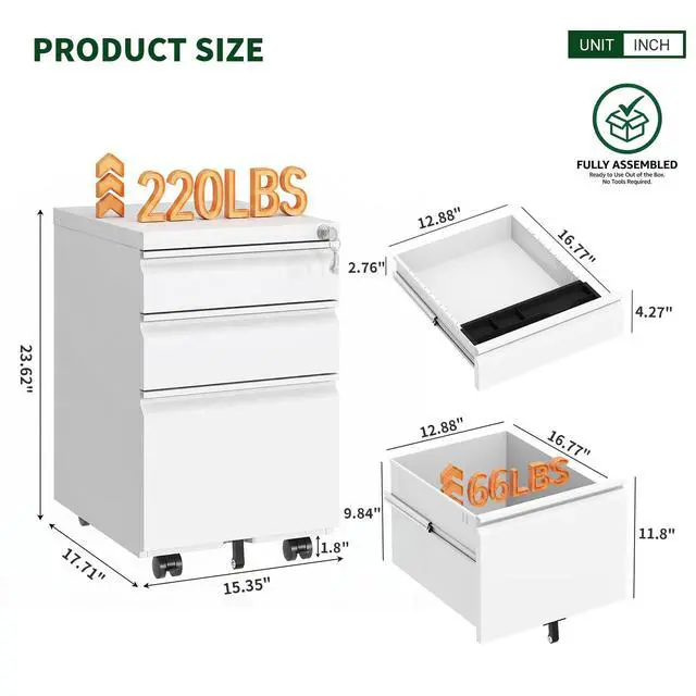 Alt view image 2 of 7 - 3 Drawer Metal File Cabinet with Lock & Rolling Casters | Fully Assembled Mobile Filing Cabinet on Wheels, Under Desk Office Storage Organizer for Letter/Legal/A4 Files, White