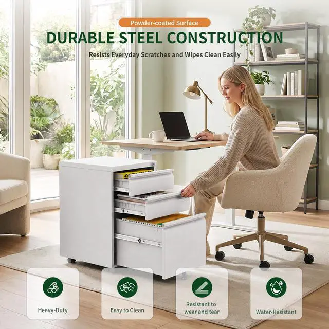Alt view image 3 of 7 - 3 Drawer Metal File Cabinet with Lock & Rolling Casters | Fully Assembled Mobile Filing Cabinet on Wheels, Under Desk Office Storage Organizer for Letter/Legal/A4 Files, White