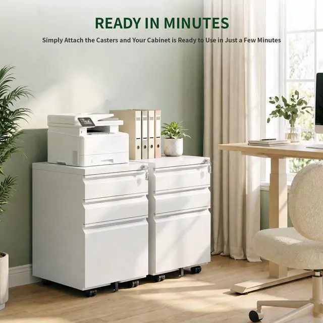 Alt view image 4 of 7 - 3 Drawer Metal File Cabinet with Lock & Rolling Casters | Fully Assembled Mobile Filing Cabinet on Wheels, Under Desk Office Storage Organizer for Letter/Legal/A4 Files, White