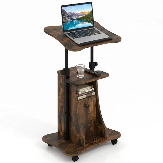 Main image of Rolling Lectern Podium Stand, Height Adjustable Laptop Table with Tilting Tabletop & Storage Shelves, Compact Standing Desk with Lockable Casters for Home Office School (Rustic Brown)