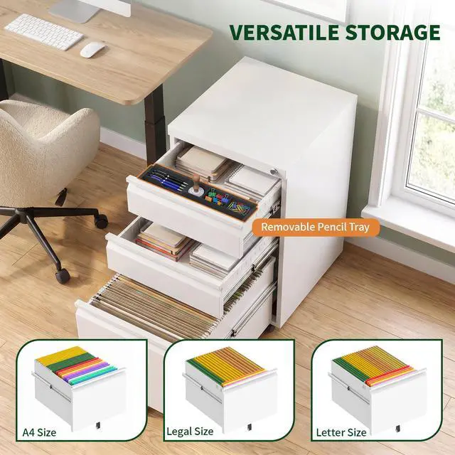 Alt view image 6 of 7 - 3 Drawer Metal File Cabinet with Lock & Rolling Casters | Fully Assembled Mobile Filing Cabinet on Wheels, Under Desk Office Storage Organizer for Letter/Legal/A4 Files, White
