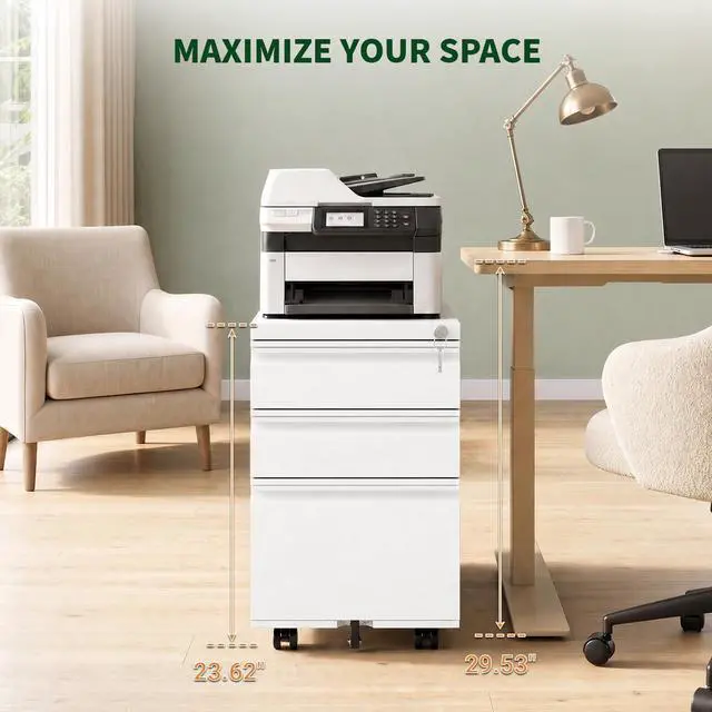 Alt view image 7 of 7 - 3 Drawer Metal File Cabinet with Lock & Rolling Casters | Fully Assembled Mobile Filing Cabinet on Wheels, Under Desk Office Storage Organizer for Letter/Legal/A4 Files, White