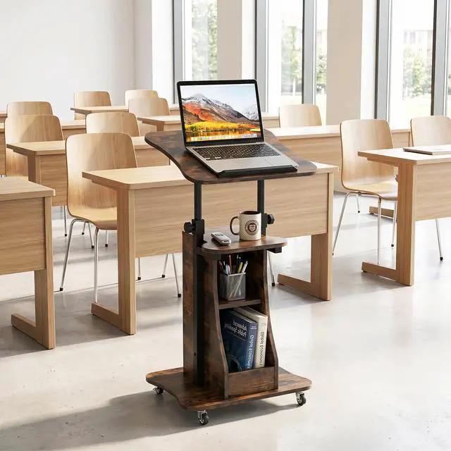 Alt view image 2 of 7 - Mobile Lectern Podium, Height Adjustable Podium Stand, Sit-to-Stand Desk with Tilting Tabletop & Storage Shelves, Rolling Laptop Cart Desk with Lockable Casters for Home Office School