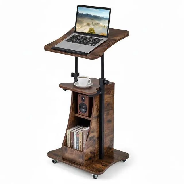 Main image of Mobile Lectern Podium, Height Adjustable Podium Stand, Sit-to-Stand Desk with Tilting Tabletop & Storage Shelves, Rolling Laptop Cart Desk with Lockable Casters for Home Office School